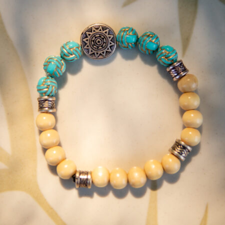 Wood and Teal Bracelet with Silver Charm