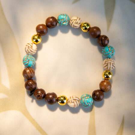 White Teal Wood and Gold Bracelet