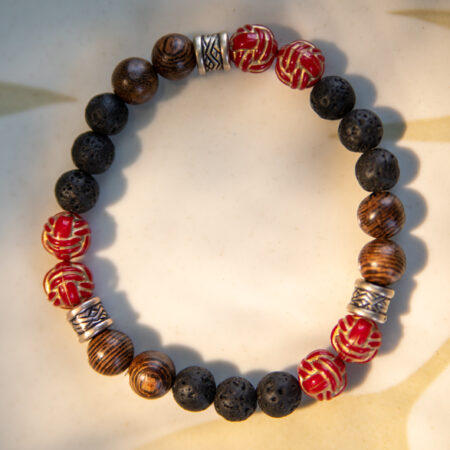 Striped Wood and Red Bead Bracelet