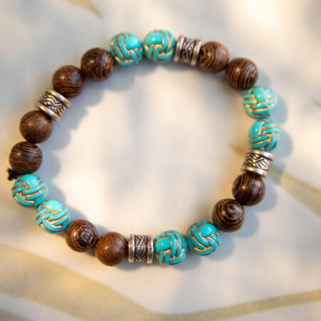 Striped Wood and Teal Bead Bracelet